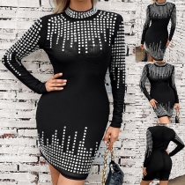 Mode Rhinestone Mock Neck Bodycon Klänning med långa ärmar