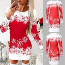 Mode Snowflake tryckt rund hals långärmad Bodycon Klänning