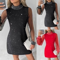 Mode, Rhinestoneplanig krage, Gaze Splits, långärmad Bodycon-klänning