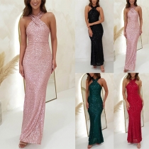 Sexig Bling-bling Halterneck Ärmfri Maxi Festklänning utan Rygg