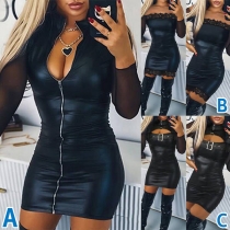 Sexig PU Bodycon Klänning med Dragkedja, Spets Skarvad och Framtida Utskärning - Långärmad
