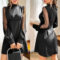 Mode Mock Neck Gaze Splitsad långärmad miniklänning
