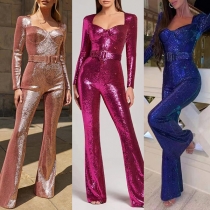 Sexig Glittrande Paljett Sweetheart Halsringning Långärmad Party Jumpsuit med vida ben och skärp