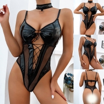Sexiga snörade mesh-nät, rygglös underkläder body med delad design