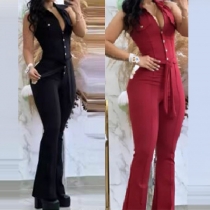 Fashion Jumpsuit med vida ben och trendig krageknapp