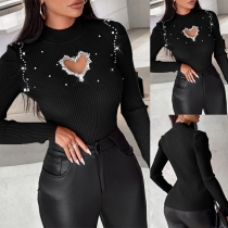 Fashion Bead Front - Hjärtformad utskärning, Mock Neck, Långärmad ribbad skjorta
