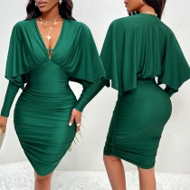 Elegant långärmad Bodycon-klänning med volanger och V-ringad urringning