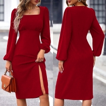 Elegant kvadratisk hals med enfärgad, långärmad Bodycon-klänning med slits
