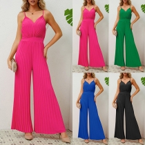 Mode Enfärgad V-ringad Plisserad Cami Jumpsuit med vida ben