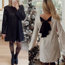 Mode rund hals långärmad rygglös paljetterad miniklänning med bowknot