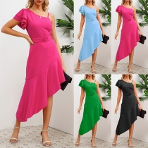 Sexig Off Shoulder Oregelbunden Ruffles Klänning