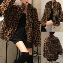 Street Fashion Plyschkappa med leopardtryck och ståkrage för kvinnor
