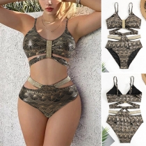 Sexig Guldig Hög Midja Tvådelad Bikini Set Med Accenter och Cutout