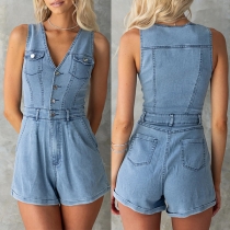 Vintage V-ringad Ärmlös Romper med Patch Bröstfickor i Gammaldags tvättad Denim