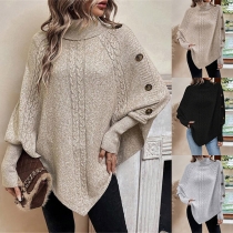 Mode Turtleneck Buttoned Batwing Sleeve Tröja med Oregelbunden Nederkant och Kabelmönster