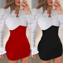 Mode Spets Splits V-ringad Långärmad Trumpetklänning i Bodycon-stil