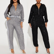 Mode Bling-bling paljetter, Halv dragkedja, Stativkrage, Långärmad jumpsuit