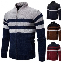 Vintage Polo Krage Långärmad Kontrastfärgad Stickad Cardigan Med Dragkedja Och Plyschfoder för Män
