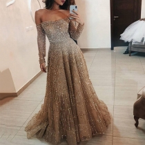 Sexig festklänning med bling-bling och off-shoulder, långärmad