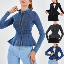 Fashion Forward Zipper Long Sleeve Ruffled Hem Denim Jacket for Training(Med elasticitet)