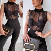 Sexig ärmfri kropp i halvtransparent mesh med mock neck