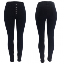 Gatufashion - Knappade Höghus Svarta Denim Skinny Jeans