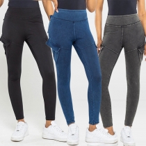 Fashion High-rise rumpa lyftande sidolappar fickor Denim Leggings för träning