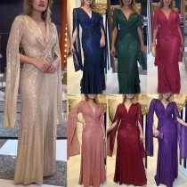 Modeklänning med paljetter, rynkning och V-ringning, långärmad festklädsel