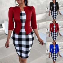 Modeklänning i kontrastfärger med mönstrad pläd och tvådelad design