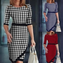 Mode Houndstooth Klänning med Rund Hals, Armbågsärm och Oregelbunden Hemlinje