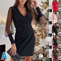 Fashion Gaze - Snyggt långärmad klänning med V-ringning och figuranpassad passform