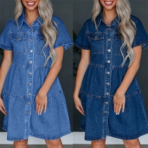 Mode gammaltvättad kortärmad jeansklänning med ståkrage och knappar