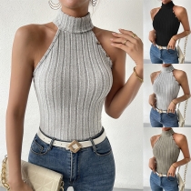 Mode Mock Neck ärmlös ribbad topp
