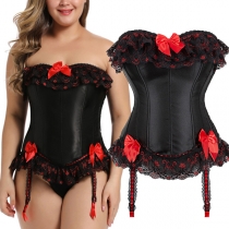 Vintage Spets Splits Bowknot Strapless Lace-up konstläder PU Strapless Corset.