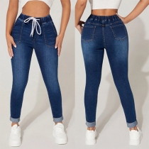 Fashion Patch Fickor Dragsko Midja Skinny Ankellånga Jeans