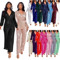 Sexig V-ringad långärmad jumpsuit med bling-bling paljetter och självknytning