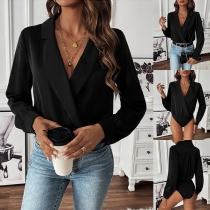 Sexig enfärgad body med V-ringning och långa ärmar