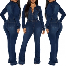 Mode: Gammaltvättad ståkrage, framknäppt långärmad denim jumpsuit med vida ben