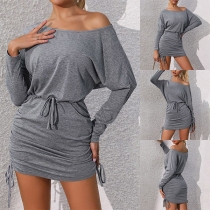 Mode Rund Hals Batwing Långärmad Side Drawstring Bodycon Klänning