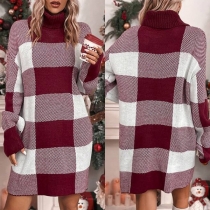 Modekontrastfärgig rutig turtlenecklångärmad tröjklänning