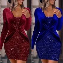 Sexig paljettskarvad V-ringad knut Ruched långärmad Bodycon Klänning