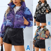 Street Fashion Stand Krage Tryckt Långärmad Crop Coat för Kvinnor