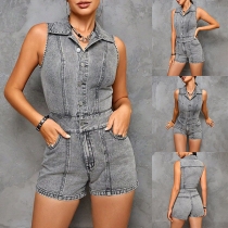 Street Fashion Frid Krage Knäppt Fram Ärmlös Denim Romper