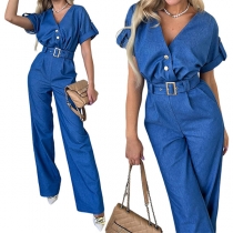 Modeknapp V-ringad kortärmad jumpsuit med bälte