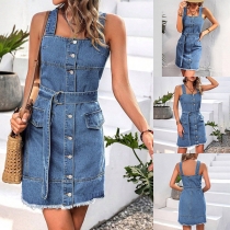 Mode Front Knäppt Frayed Hemline Slip Denim Klänning