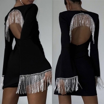 Sexig långärmad rygglös Bodycon-klänning med fyrkantig hals och tofsdetaljer