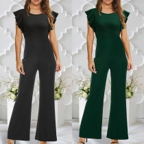 Mode jumpsuit med vida ben och volangerade kepsärmar i enfärgad design och rund hals