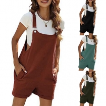 Casual Romper with Practical Side Pockets and Suspender Design