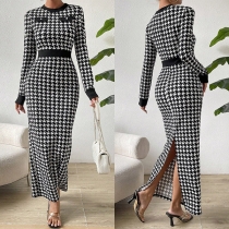 Mode tryckt Houndstooth Maxiklänning med rund hals och långa ärmar, med slits