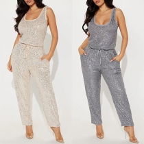 Mode Bling-bling fyrkantig hals ärmlös midja jumpsuit med dragsko